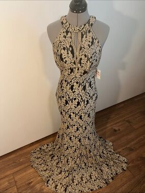 Night Way Collections Black and Gold Lace Halter Gown